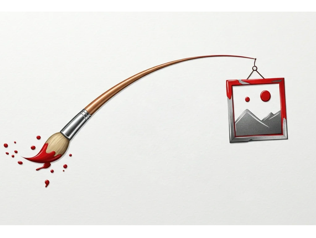 A curvy paintbrush dipped in red paint with a small picture frame hanging from the opposite end.