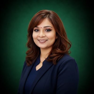 Professional woman in a navy blazer smiling.