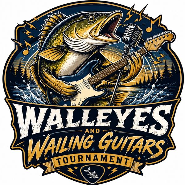 Illustration of a walleye fish playing electric guitar for a music tournament.