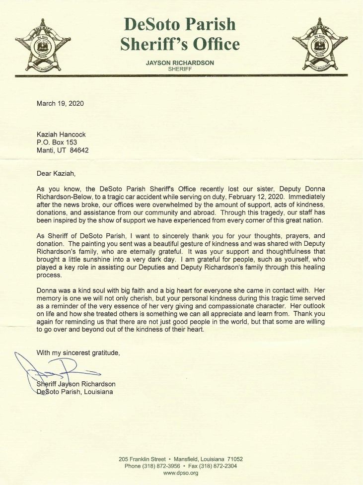 Letter from DeSoto Parish Sheriff expressing gratitude for support after Deputy Donna Richardson's passing.