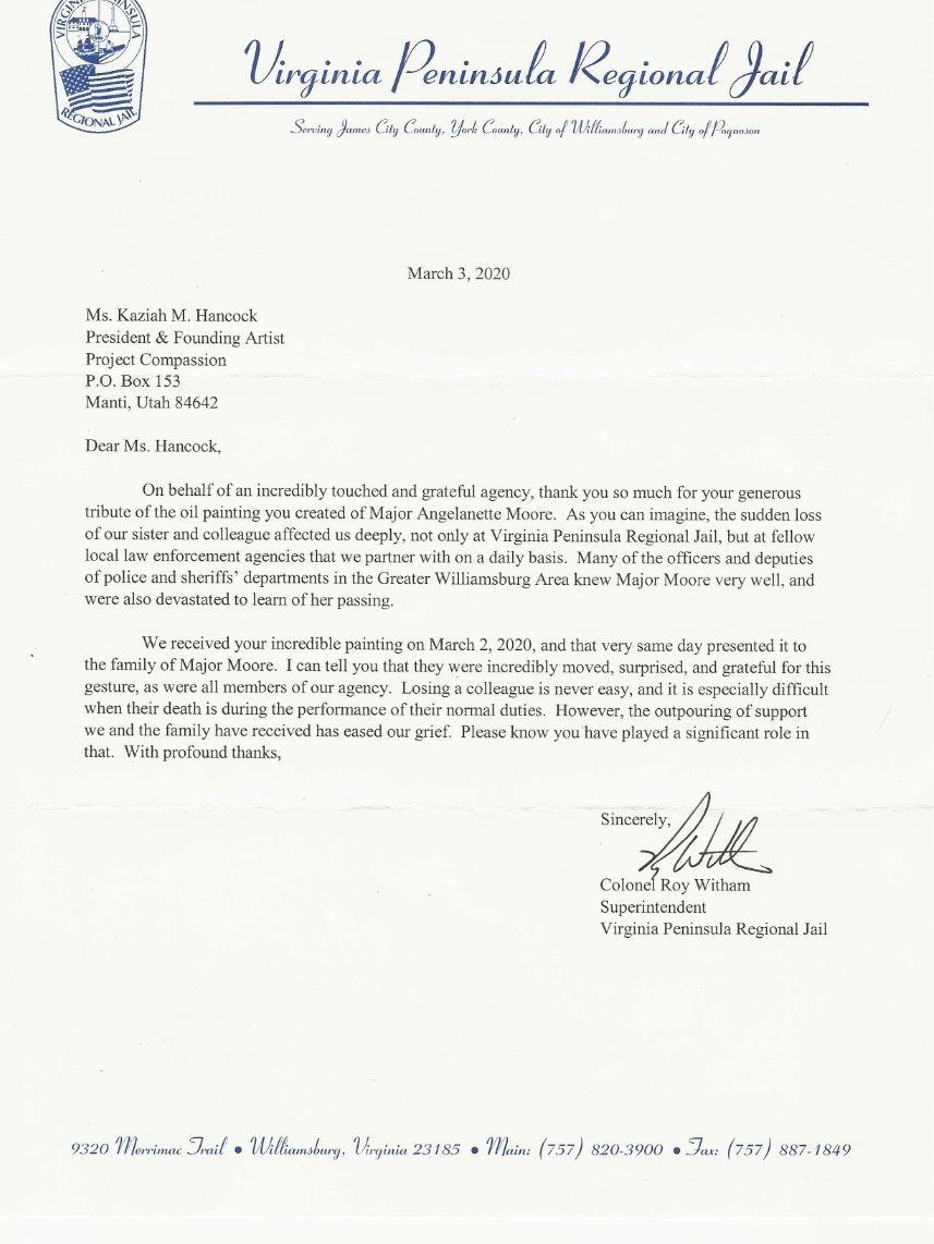 Thank you letter from Virginia Peninsula Regional Jail for a tribute painting.