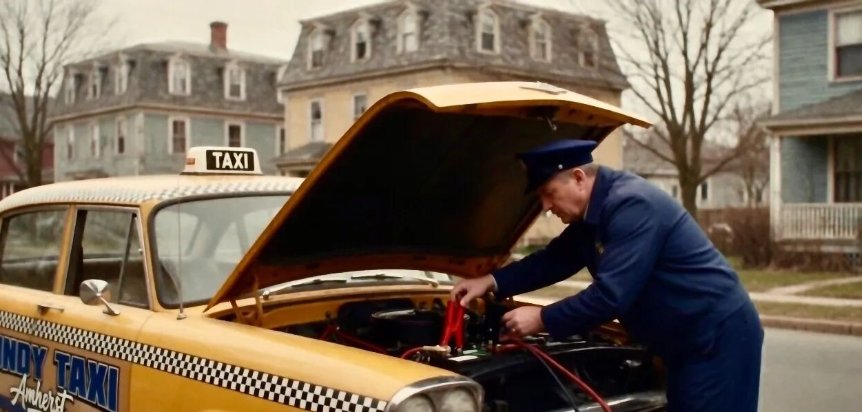 A man in uniform jumps a yellow taxi's dead battery on a suburban street.