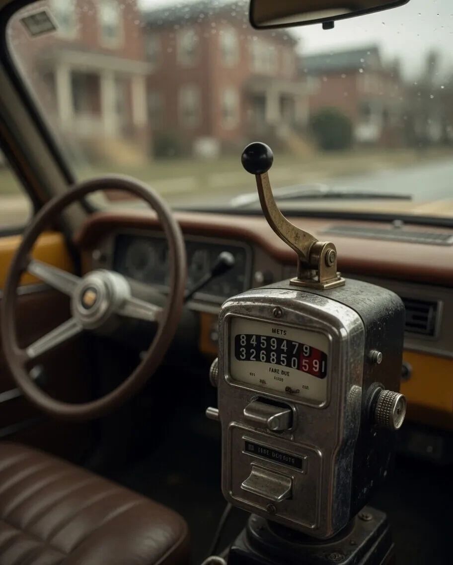 Vintage taxi meter inside an old car with a rain-speckled window.