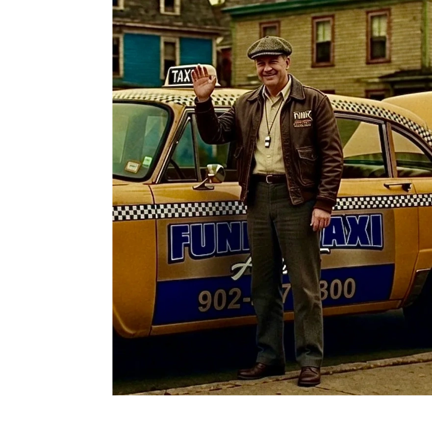 Man waving next to a vintage yellow taxi cab.