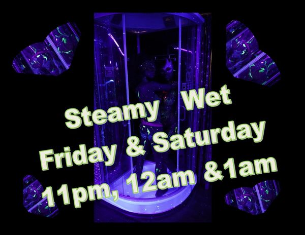 Nighttime event promotion with neon text over a purple-lit shower scene.