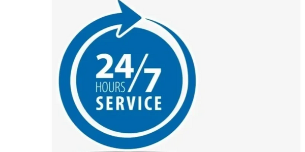 Blue circular arrow with 24/7 hours service text inside.