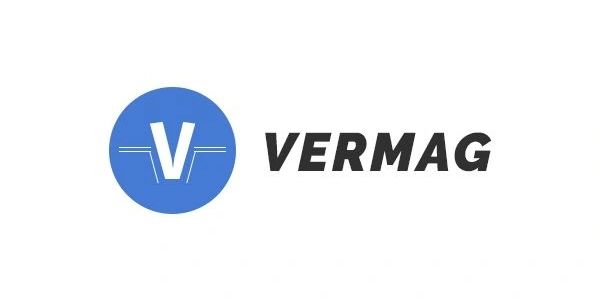 Logo with a blue circle featuring a white 'V' and the word 'VERMAG' in bold black letters.