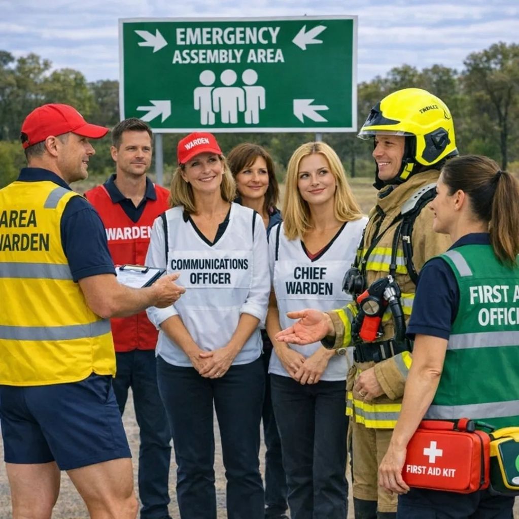 Emergency team members gather at an assembly area for a safety briefing.