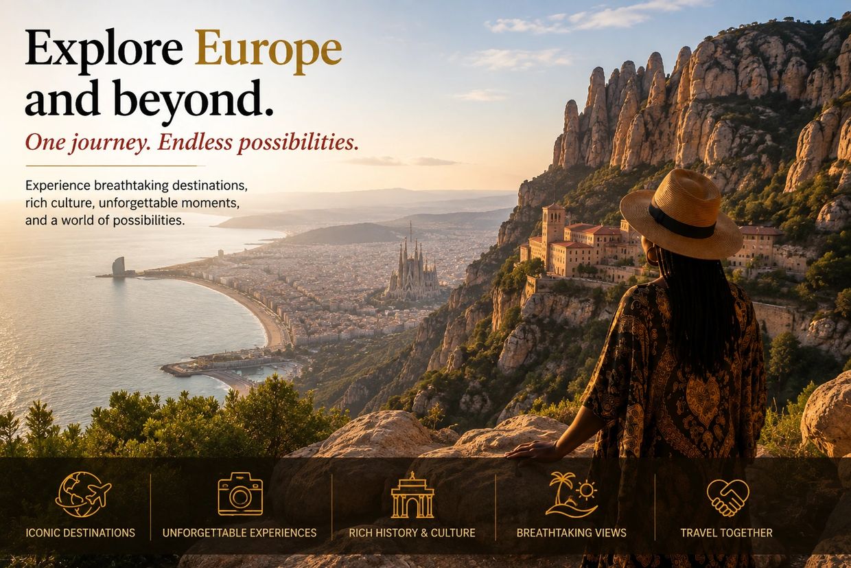 Woman overlooking a scenic European city and coastline at sunset.