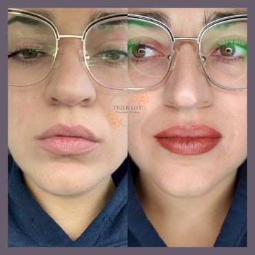 female client's face before and after permanent lip blush