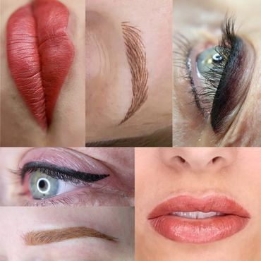 fresh permanent makeup collage including lip blush, nano brows, powder brows, and permanent eyeliner