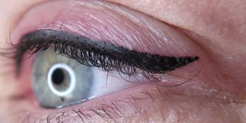 collage of close up fresh permanent makeup: winged and shaded permanent eyeliner, lip blush, brows