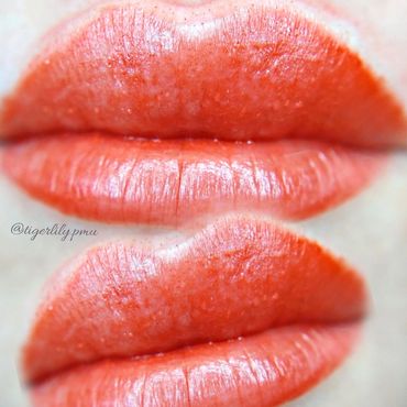 macro photo collage of fresh lip blush tattoo 