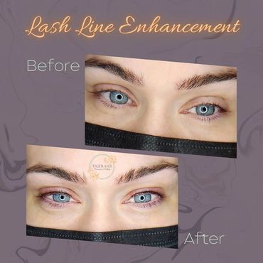 Before and after permanent lash line enhancement service.