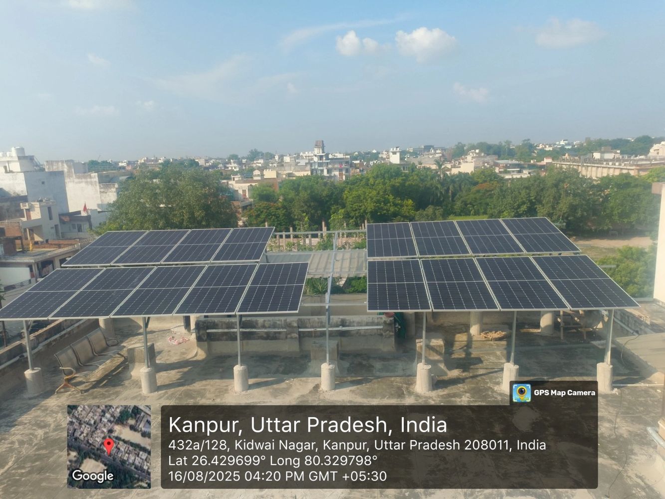Solar panels installed on a rooftop in Kanpur, India.