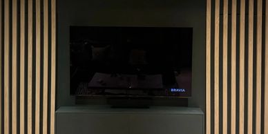 Modern TV setup with black Sony Bravia TV on a sleek black cabinet.