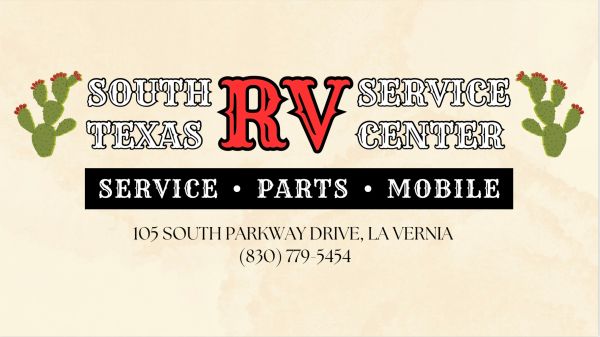 South Texas RV Service Center sign with contact info.