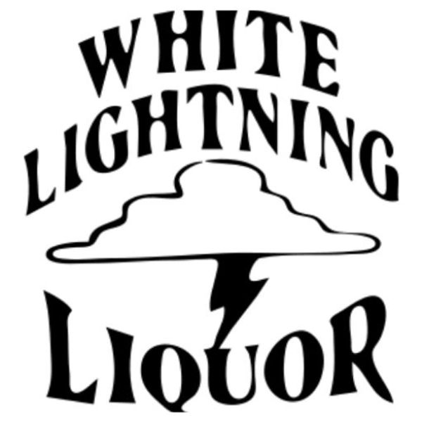 Black and white White Lightning Liquor logo with lightning cloud.
