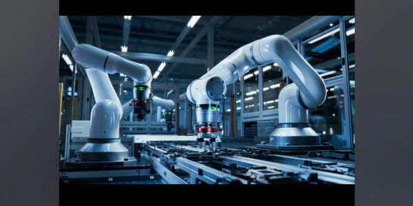 Modern smart manufacturing facility with advanced robotics, automated production lines, energy-effic