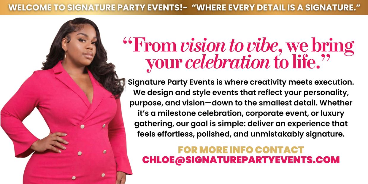 Woman in pink blazer promotes Signature Party Events, specializing in personalized event design and styling.