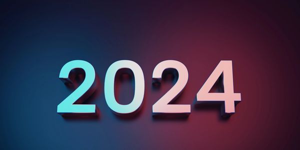 3D glowing numbers displaying the year 2024 with colorful lighting.