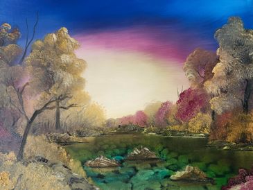 A colorful landscape painting of a river at sunset.
