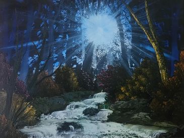 Mystical forest scene with radiant moonlight over a flowing stream.
