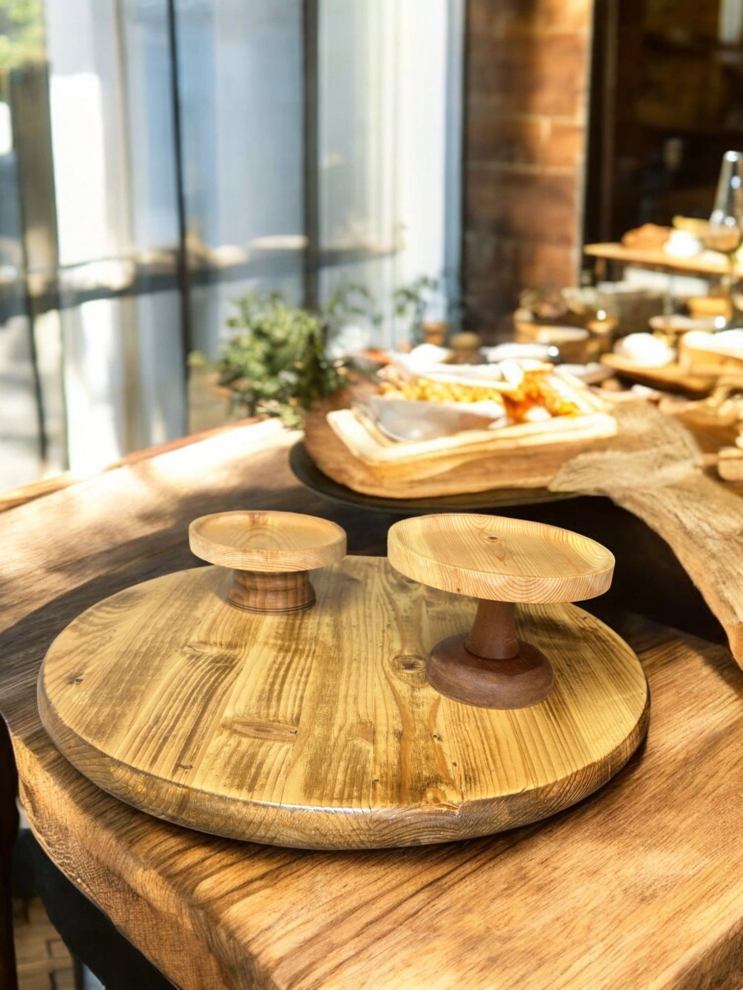 A 3-tier wood cutting board.