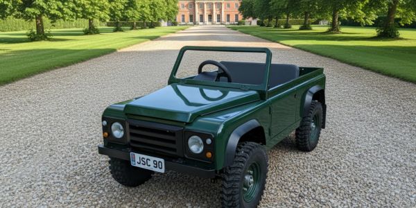 Small green off-road vehicle on gravel path with mansion in background.