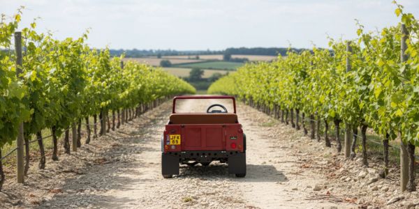 A small red vehicle driving through a vineyard on a sunny day.