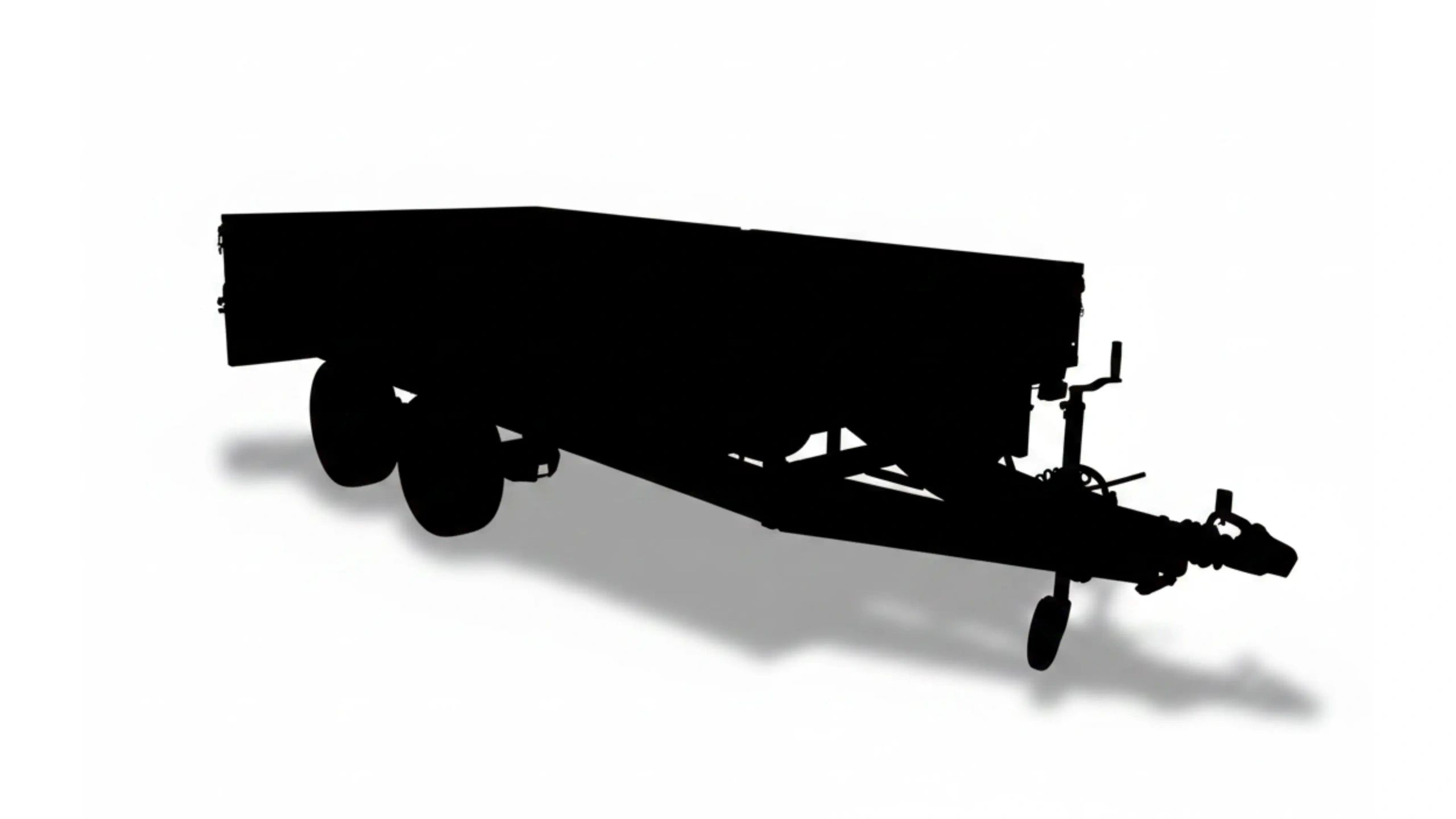 Silhouette of a flatbed trailer with wheels and a towing hitch.