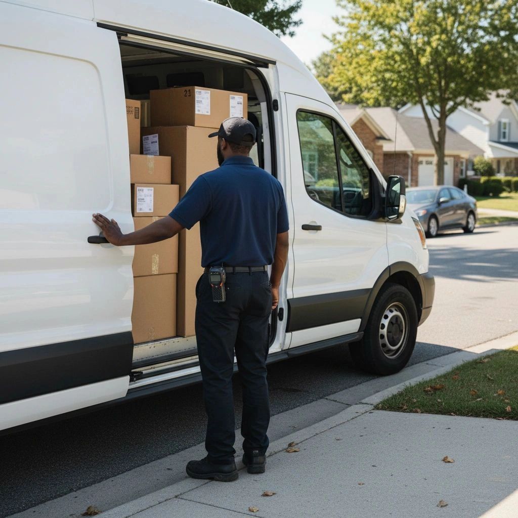 Delivery worker standing by a white van loaded with packages.