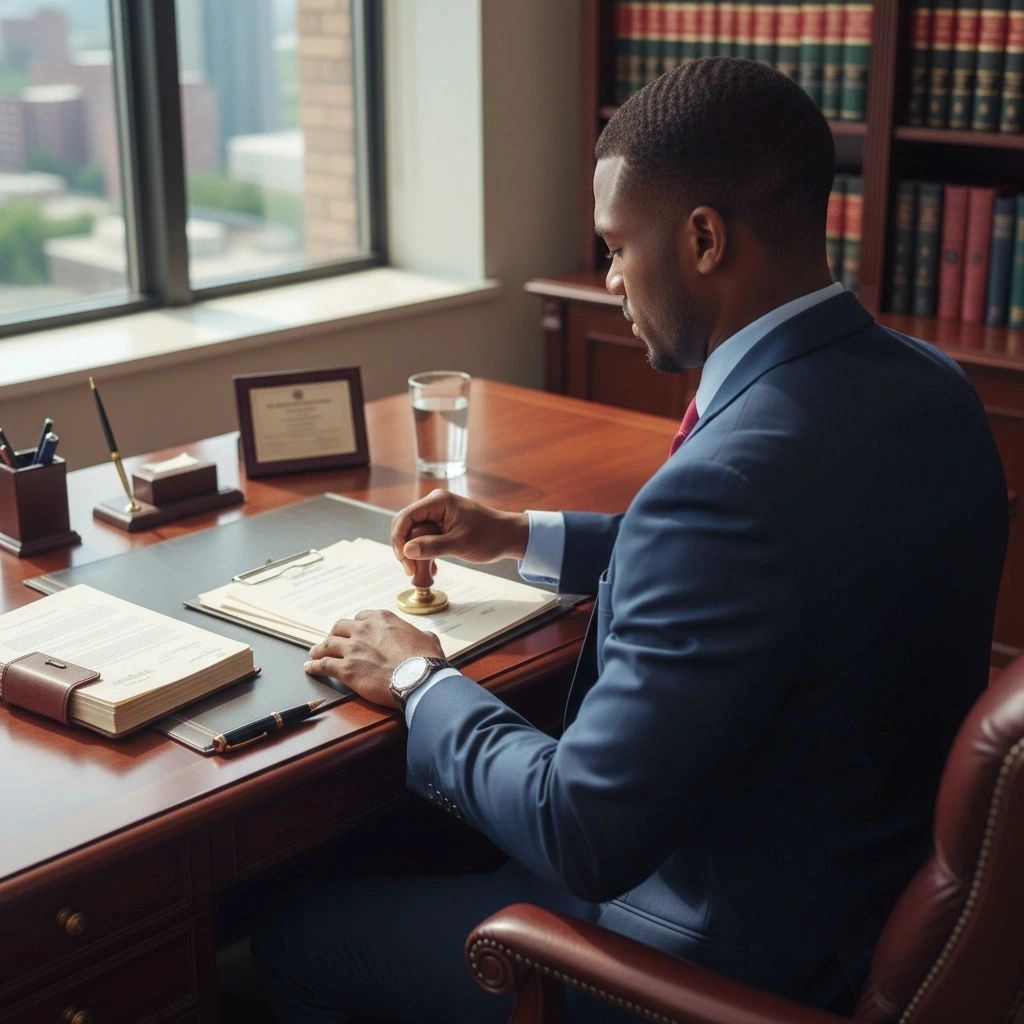 Professional man in suit stamping a document at his office desk.