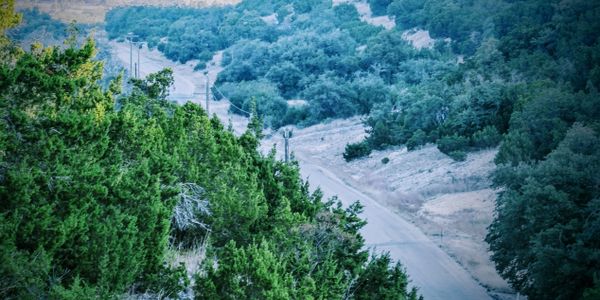 A winding road cuts through dense green trees in a hilly landscape.