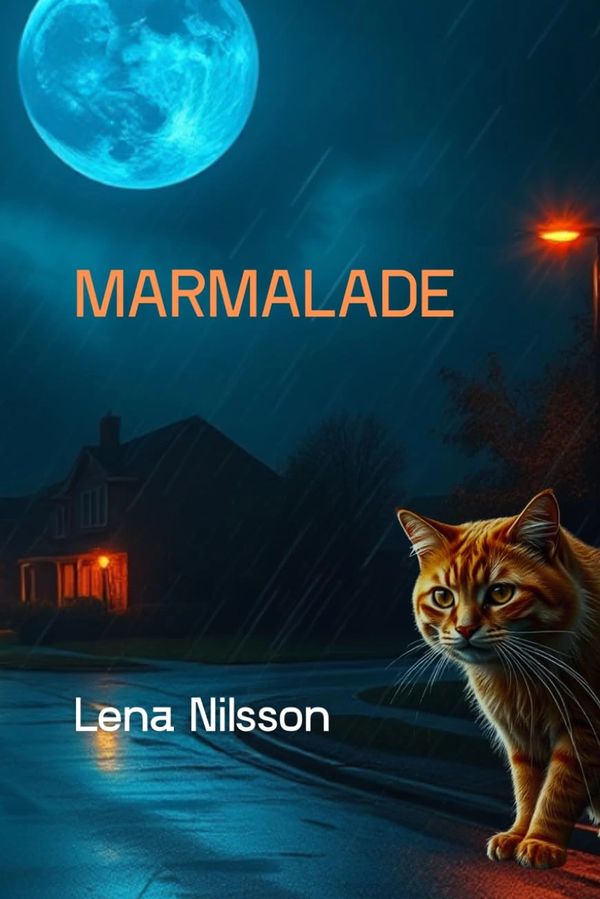 stormy weather, dark, moon, house with one light, cat walking the street