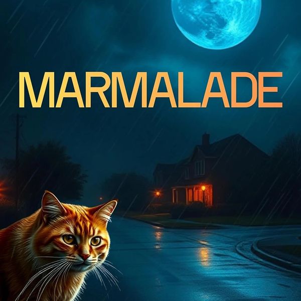 moon, dark stormy night, cat in suburban street with house and a light, 