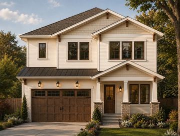 Modern two-story house with a brown garage door.