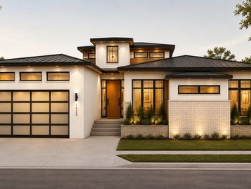 Modern white house with large windows and garage.