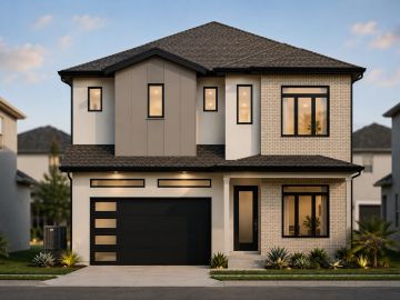 Modern two-story house with a black garage door.