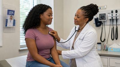 Doctor using stethoscope to examine patient's chest in clinic.