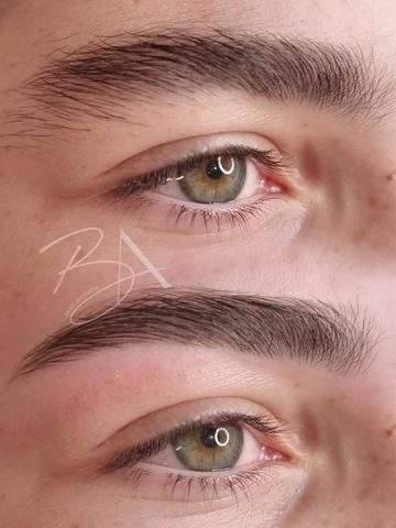 Close-up of green eyes and eyebrows before and after grooming.