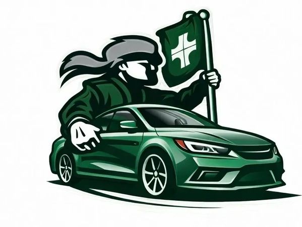 A green car with a patriot holding a flag behind it.