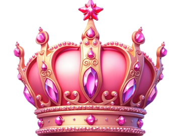 A detailed pink and gold crown adorned with jewels.