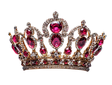 Ornate crown adorned with red and clear gemstones.