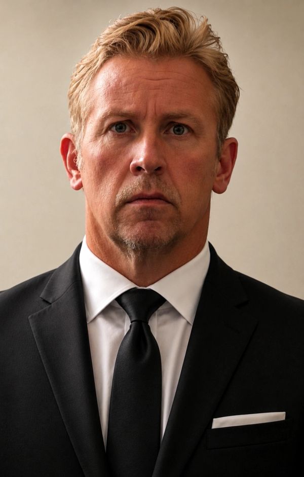 Serious man in a black suit and tie.
