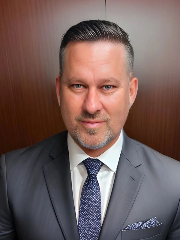 Man in a suit with a patterned tie and pocket square, posing confidently.
