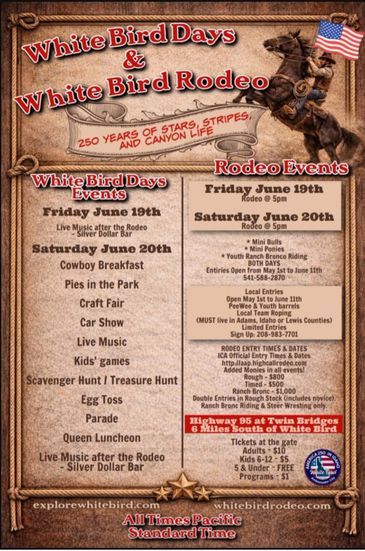 Flyer for White Bird Days &amp; White Bird Rodeo with event dates and activities.