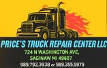 Logo of Price's Truck Repair Center with contact info and address.
