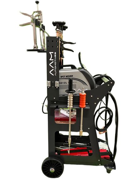Mobile spot welder machine with attached tools.
