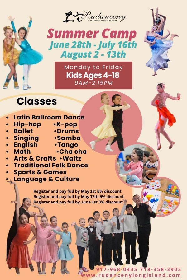 Rudanceny Ballroom Dance School summer camp flyer for kids ages 4-18.